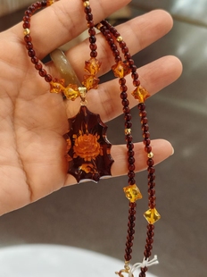 中古Vintage18k金扣头琥珀项链手工雕花