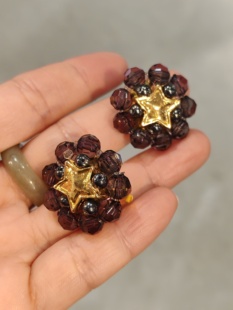 中古Vintage品牌打标咖色串珠耳夹