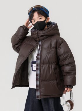 男女童羽绒服冬季2025新款洋气儿童PU皮加厚白鸭绒短款连帽潮外套