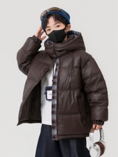 男女童羽绒服冬季2025新款洋气儿童PU皮加厚白鸭绒短款连帽潮外套