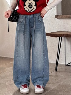 亲子女童满钻牛仔裤加绒2026新款儿童满天星烫钻直筒裤洋气长裤子