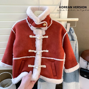 女童麂皮绒外套冬2025新款宝宝大衣皮毛一体加绒加厚红色年服潮款