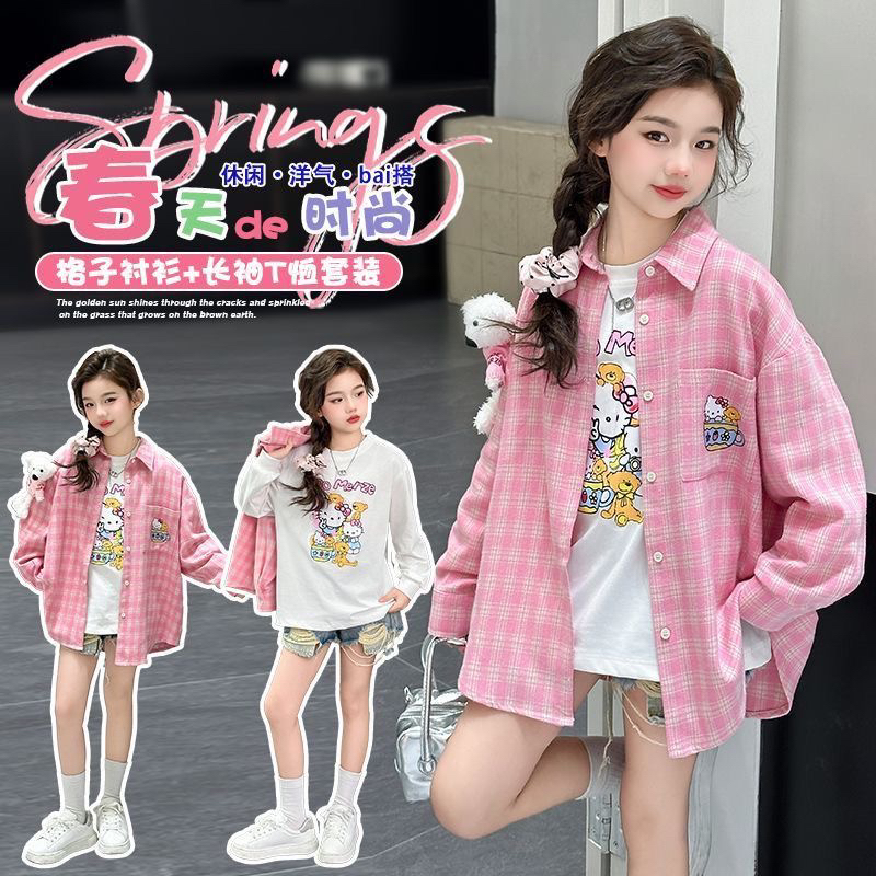 亲子女童格子衬衫长袖韩版2025新款中大童休闲衬衣上衣春秋潮外套