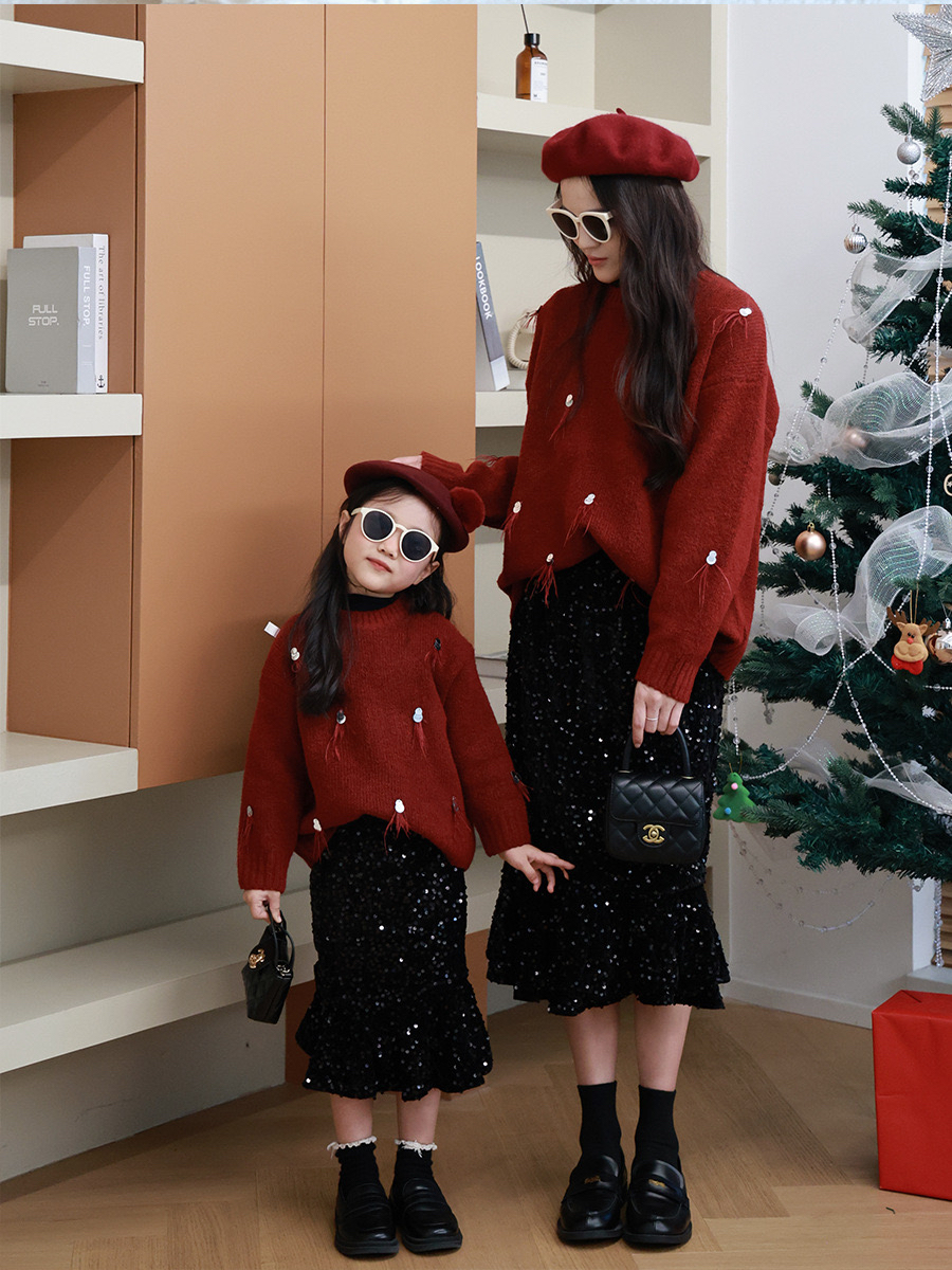 亲子装母女年服红色套头毛衣2024女童韩系圣诞新年装亮片半身裙子