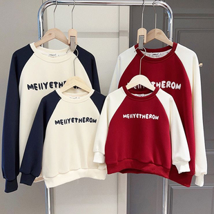 亲子装母子冬卫衣秋冬一家三口上衣2025年红色撞色时尚字母潮上衣