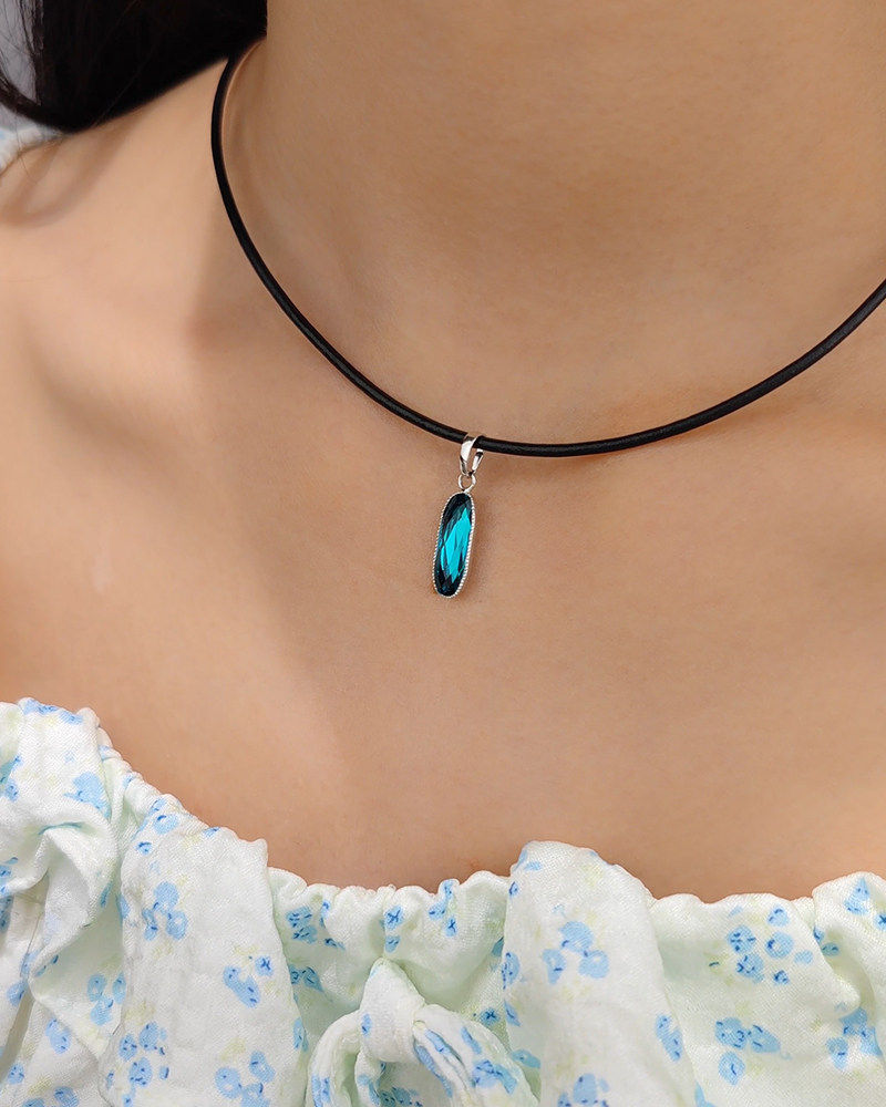 水滴性感锁骨链s925纯银蜡绳黑色皮绳项链高级百搭吊坠配链女时尚