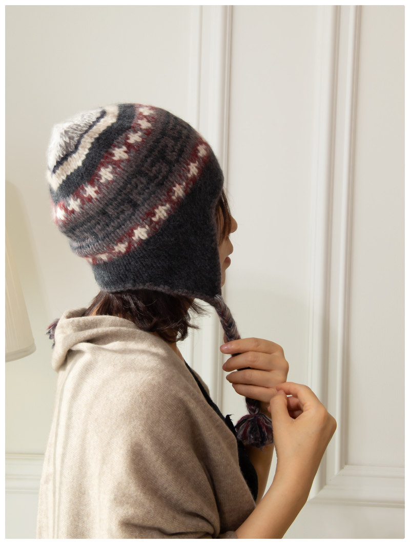 秘鲁风 冬季精致手工编织小辫舒适山羊绒帽子 护耳帽针织毛线帽女