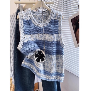 宽松高级小众松弛感针织 复古条纹圆领针织马甲女无袖 秋冬季 时尚