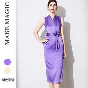 拓美2025年夏季新款V领显瘦腰带坎袖法式复古真丝桑蚕丝连衣裙女