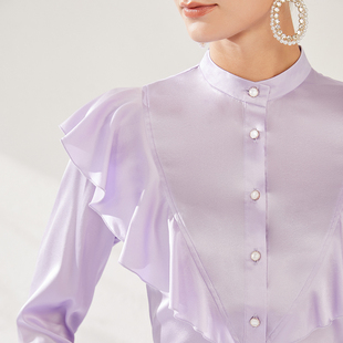 拓美2026春季新款 桑蚕丝立领荷叶边衬衫女重磅真丝高端大牌上衣