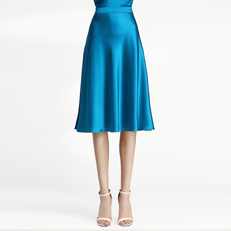 拓美2026夏新款重磅真丝雀蓝桑蚕丝A字极简半身大摆裙优雅高级女
