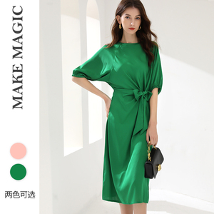 拓美女装2026夏新款高端桑蚕丝连肩褶皱灯笼半袖纽结真丝连衣裙