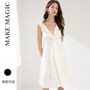 拓美2025夏23姆米重磅真丝桑蚕丝深v领设计感中扭褶无袖连衣裙女