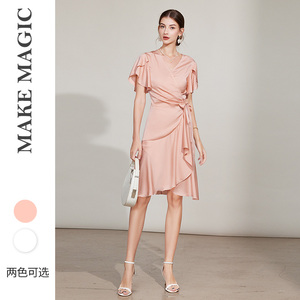 拓美2026年夏季新款桑蚕丝V领法式气质长裙花瓣袖真丝连衣裙女装