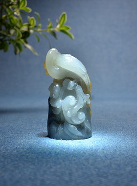 黄皮青花独籽白鹭把件印章小摆件