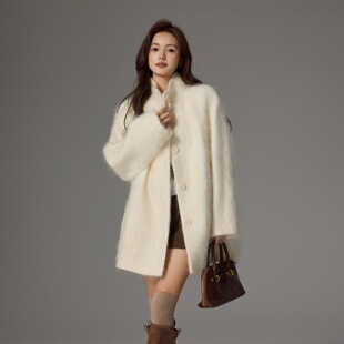 舒适百搭简约秋冬新款拉绒立领时尚大衣小个子高级感羊绒大衣外套