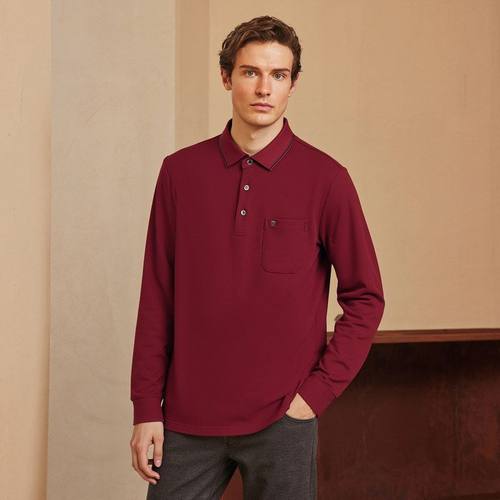 【直播官方正品】皮尔卡丹中年男红色polo衫2025秋季长袖商务T恤