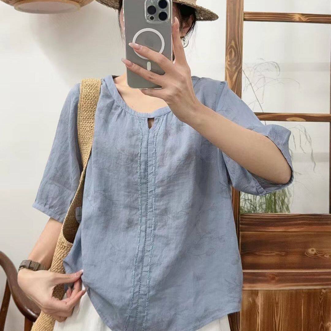 复古印花高端苎麻衬衫女夏季新款宽松显瘦五分袖小衫套头麻料上衣