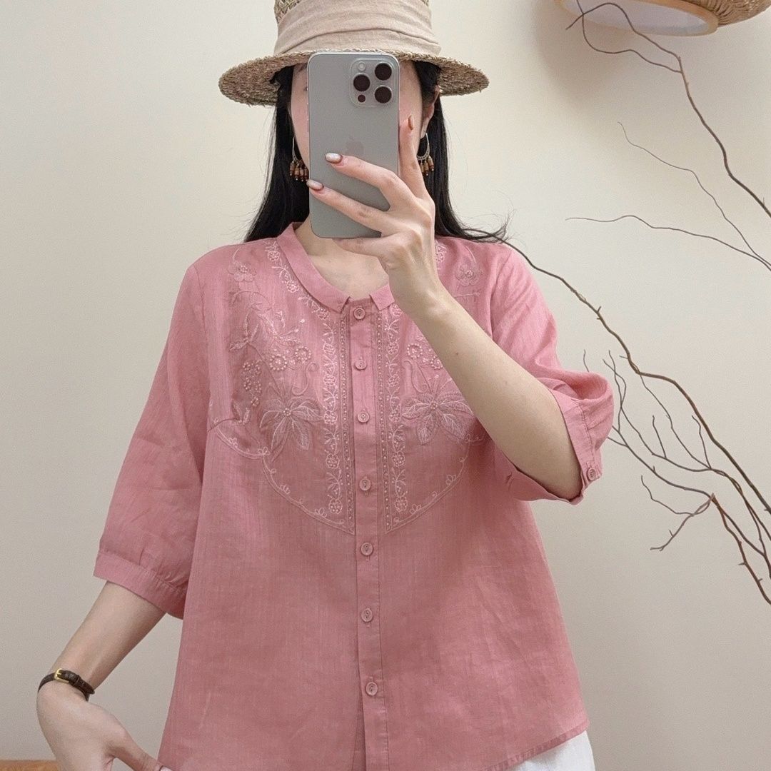 粉色重工刺绣衬衫女夏季新款宽松衬衫