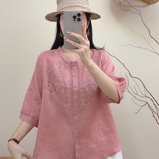 宽松开襟半袖 粉色重工刺绣衬衫 女夏季 新款 优雅小翻领苎麻衬衣 小衫