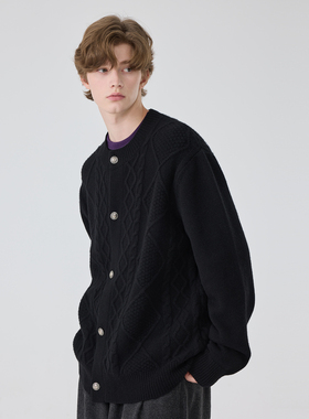 秋季新款男士休闲全羊毛开衫原创设计师款复古宽松毛衣男外套潮流