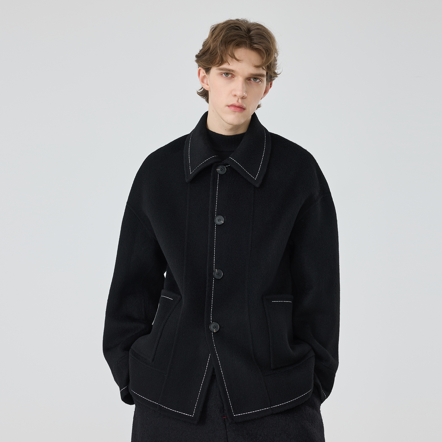 原创设计男士休闲简约加厚款羊绒大衣外套~