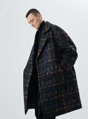 中长款仿羊毛呢子大衣男士冬季宽松双排扣中长款格子呢大衣外套潮