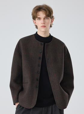 秋冬季双面羊毛大衣男中长款无领宽松潮流羊毛呢子男士夹克外套