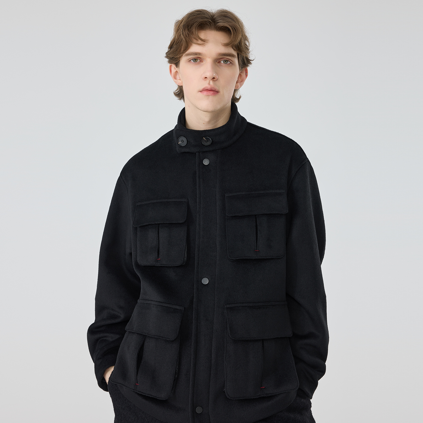 秋冬羊毛呢子短款双面羊绒大衣外套男士黑色设计师款中式立领上衣