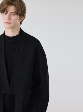 秋冬黑色双面羊毛大衣男士宽松手工设计师款骆驼绒中式上衣外套