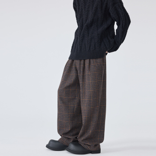 裤 秋冬休闲长裤 格子轻奢羊毛呢子阔腿西装 宽松直筒西裤 子男潮 男士