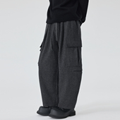 秋冬休闲长工装 子男 宽松灰色多口袋羊毛呢子阔腿设计师款 裤 男士