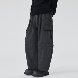 秋冬休闲长工装裤男士宽松灰色多口袋羊毛呢子阔腿设计师款裤子男