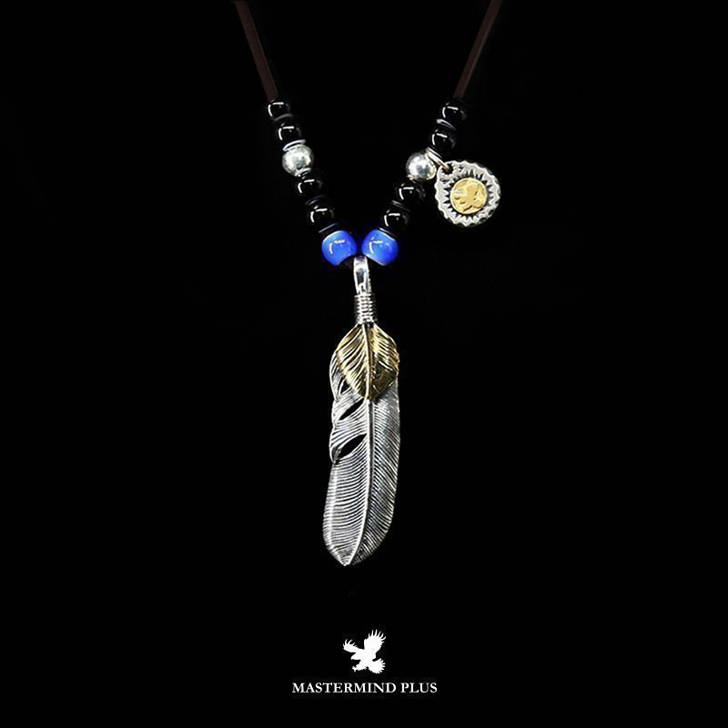 mastermind plus s925 新品手工黑蓝琉璃珠上金羽毛真鹿皮绳项链