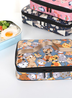 学生四格扁平饭盒袋手提包防水保温便当袋餐包卡通儿童分格餐盘袋