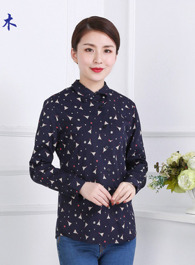 富木春秋新款女士纯棉长袖衬衫印花图案妈妈装衬衣HCS-17396E7