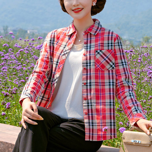 富木长袖格子衬衫妈妈装