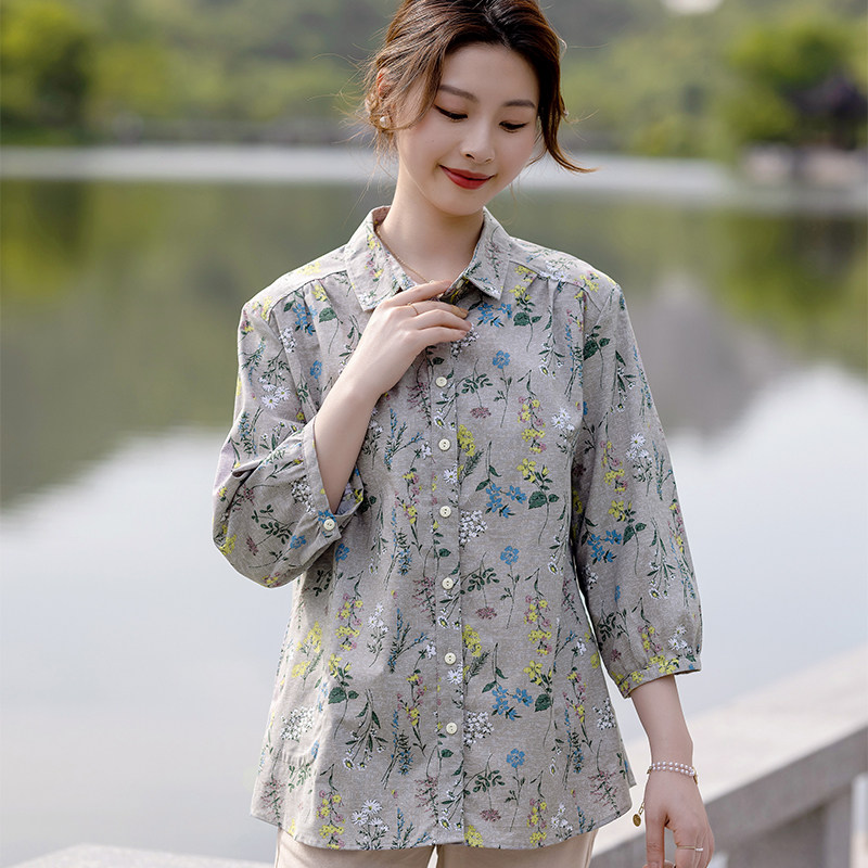 富木纯棉活性印花衬衫春夏女装大码妈妈装中袖休闲衬衣CF2132-1R1