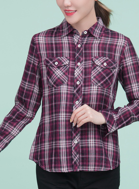 富木新品春秋女士格子衬衫双层纱面料长袖纯棉休闲款衬衣WZ17016
