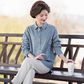 全棉平布长袖 衬衫 女绣花阔太太风妈妈装 富木新款 纯棉蓝色ZH 440