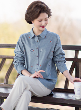 富木新款全棉平布长袖衬衫女绣花阔太太风妈妈装纯棉蓝色ZH-440