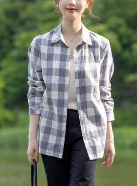 富木纯棉竹节长袖衬衫女新款春秋灰白格休闲衬衣百搭女装WZ-311R2