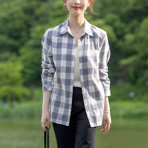富木纯棉竹节长袖衬衫女新款春秋灰白格休闲衬衣百搭女装WZ-311R2 - 封面