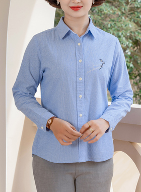 富木春季纯棉平布条纹衬衫小众绣花女式上衣妈妈装衬衣CF1C2347R3