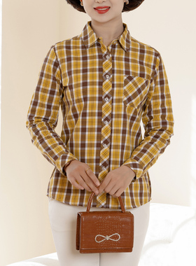 富木纯棉格子衬衫黄色休闲上衣女士春季长袖方领妈妈装WZ1C328R3
