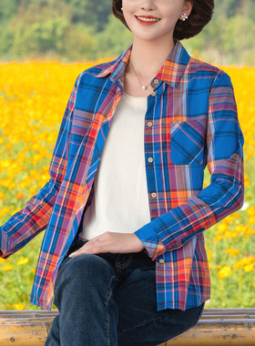 富木春秋蓝色格子衬衫红格纯棉长袖女士妈妈装衬衣上衣ZH-168E8