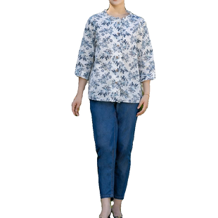 富木夏季青花碎花印花七分袖衬衫女士妈妈装纯棉衬衣ZH2D468R3