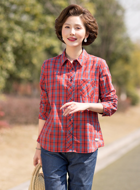 富木新款红格子衬衫纯棉阔太太风经典妈妈装中老年衬衣CF1C028R3