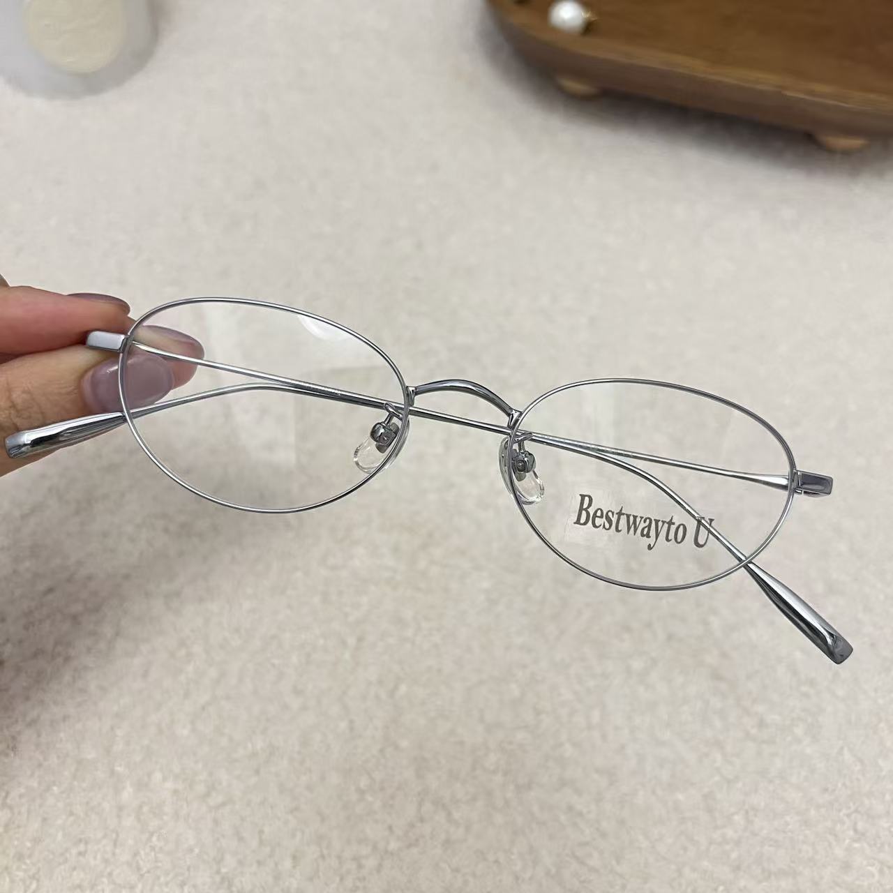 海的潮 纯钛中小框书呆子眼镜框可配近视度数银色细边 银畔星湖