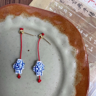 手作红绳陶瓷小鱼长款 925银针耳钉 小众设计古风新中式